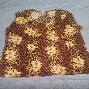 Carolyn Strauss Leopard Print/Floral V-Neck Women's Top 3/4 Sleeve Size 2X